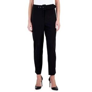 T Tahari Women's Pants Solid Belted straight Slim-Leg Black Formal Casual size12